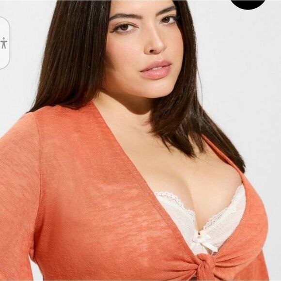New TORRID Plus Size slub shrug 3/4 Sleeve apricot tie Front sweater Size 2X - Picture 3 of 16